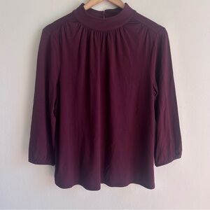 NWT J. Jill Wearever Pleated Sleeve Mock Neck Top Burgundy Dark Vermilion MP